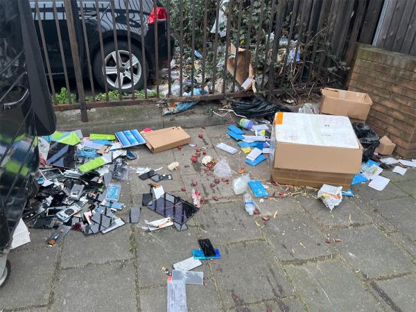 Flytipping rubbish food broken glass safety hazard-Ralph Jackson House, 331 Romford Road, Forest Gate, London, E7 8AA