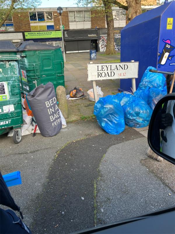 Bags around recycling bin -2A, Leyland Road, London, SE12 8DU