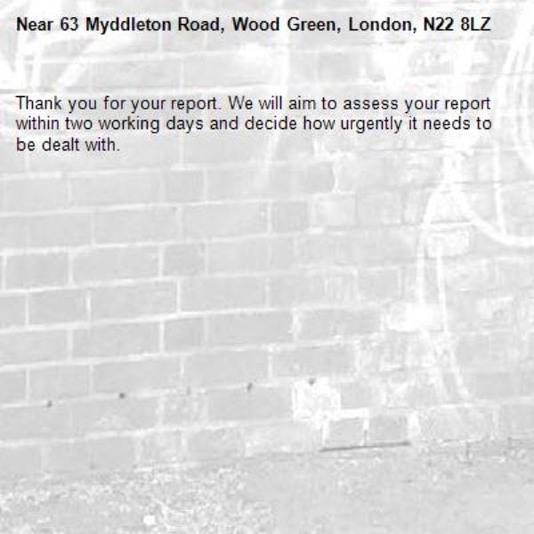 Thank you for your report. We will aim to assess your report within two working days and decide how urgently it needs to be dealt with.-63 Myddleton Road, Wood Green, London, N22 8LZ