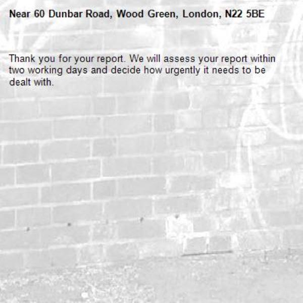 Thank you for your report. We will assess your report within two working days and decide how urgently it needs to be dealt with.-60 Dunbar Road, Wood Green, London, N22 5BE