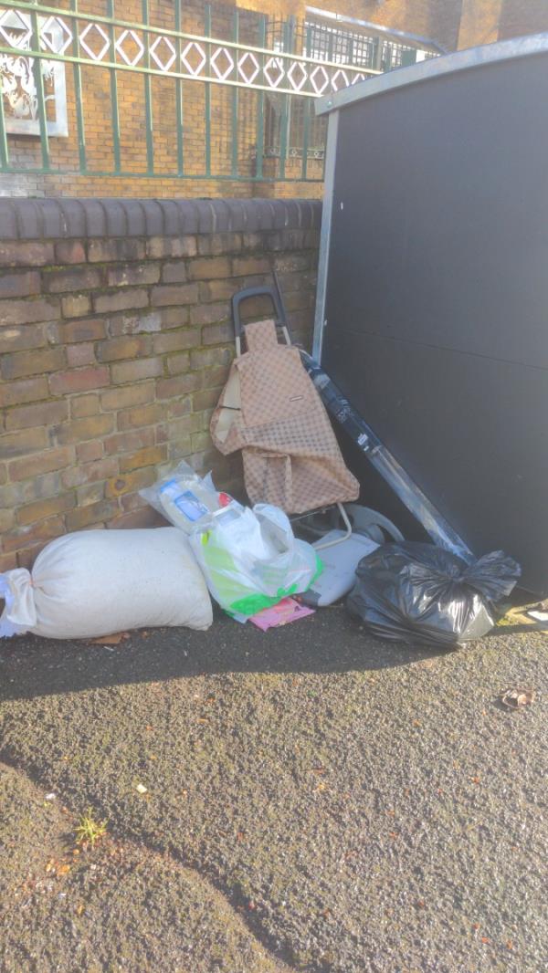 Rubbish dumped alongside the recycling bins located between Arragon Rd and St Bernards Rd opposite the Boleyn medical centre in Barking Rd -Boleyn Medical Centre, 152 Barking Road, East Ham, London, E6 3BD