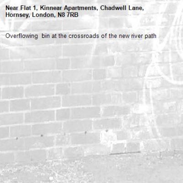 Overflowing  bin at the crossroads of the new river path-Flat 1, Kinnear Apartments, Chadwell Lane, Hornsey, London, N8 7RB