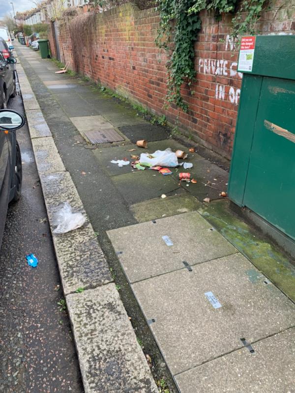Burst bag of litter-Sandhurst Market, Sandhurst Road, Catford, London, SE6 1DL