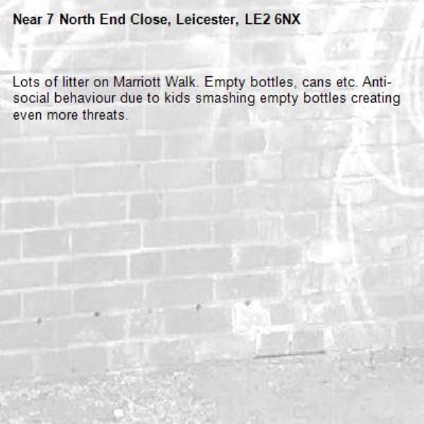 Lots of litter on Marriott Walk. Empty bottles, cans etc. Anti-social behaviour due to kids smashing empty bottles creating even more threats. -7 North End Close, Leicester, LE2 6NX