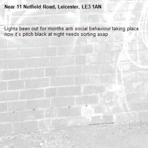 Lights been out for months anti social behaviour taking place now it’s pitch black at night needs sorting asap -11 Nutfield Road, Leicester, LE3 1AN