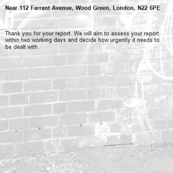 Thank you for your report. We will aim to assess your report within two working days and decide how urgently it needs to be dealt with.-112 Farrant Avenue, Wood Green, London, N22 6PE