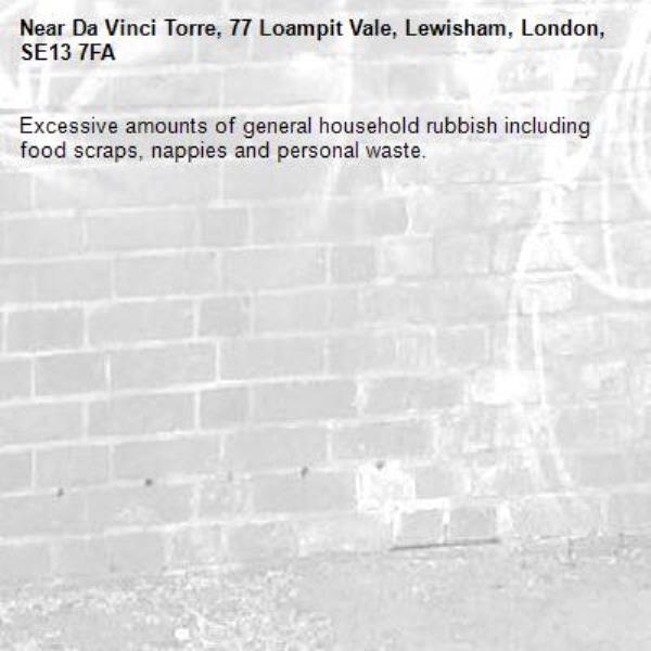 Excessive amounts of general household rubbish including food scraps, nappies and personal waste. -Da Vinci Torre, 77 Loampit Vale, Lewisham, London, SE13 7FA
