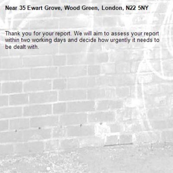 Thank you for your report. We will aim to assess your report within two working days and decide how urgently it needs to be dealt with.-35 Ewart Grove, Wood Green, London, N22 5NY
