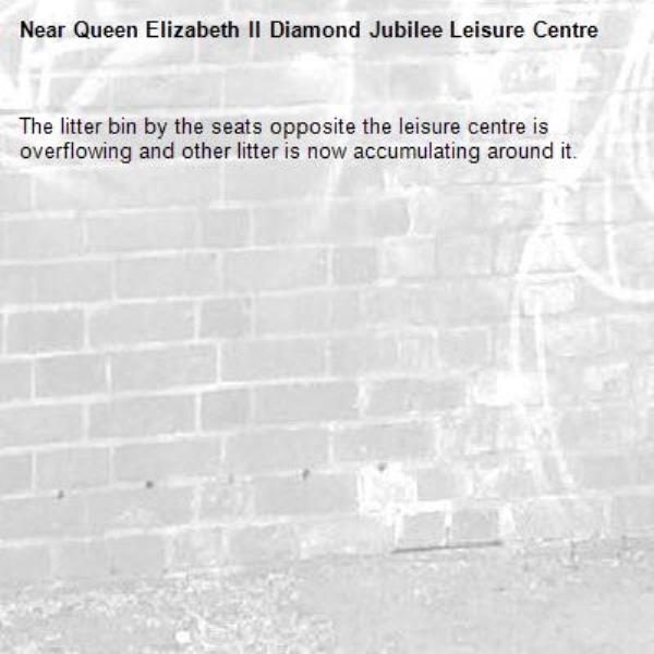 The litter bin by the seats opposite the leisure centre is overflowing and other litter is now accumulating around it. -Queen Elizabeth II Diamond Jubilee Leisure Centre