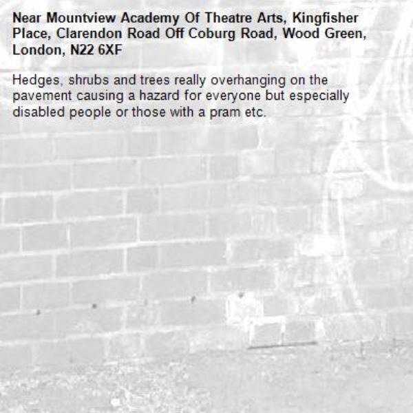 Hedges, shrubs and trees really overhanging on the pavement causing a hazard for everyone but especially disabled people or those with a pram etc.-Mountview Academy Of Theatre Arts, Kingfisher Place, Clarendon Road Off Coburg Road, Wood Green, London, N22 6XF