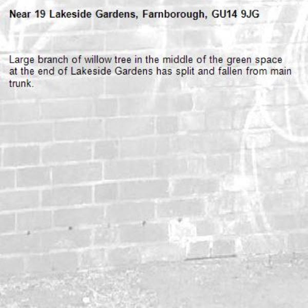 Large branch of willow tree in the middle of the green space at the end of Lakeside Gardens has split and fallen from main trunk.-19 Lakeside Gardens, Farnborough, GU14 9JG