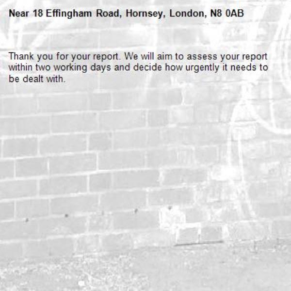 Thank you for your report. We will aim to assess your report within two working days and decide how urgently it needs to be dealt with.-18 Effingham Road, Hornsey, London, N8 0AB