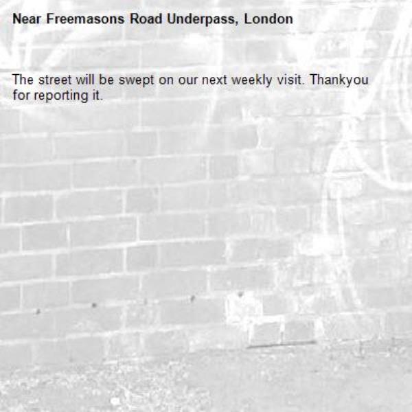 The street will be swept on our next weekly visit. Thankyou for reporting it.-Freemasons Road Underpass, London