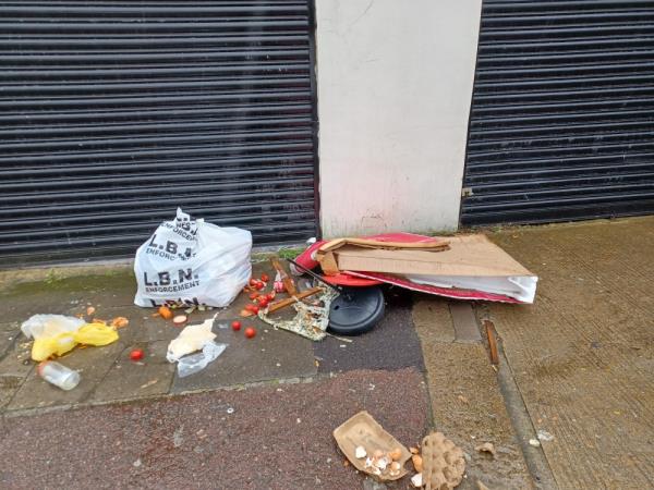 Cardboard box and household waste fly tipped at 74 Selsdon Road, E13. -74 Selsdon Road, Upton Park, London, E13 9BY