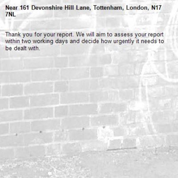 Thank you for your report. We will aim to assess your report within two working days and decide how urgently it needs to be dealt with.-161 Devonshire Hill Lane, Tottenham, London, N17 7NL
