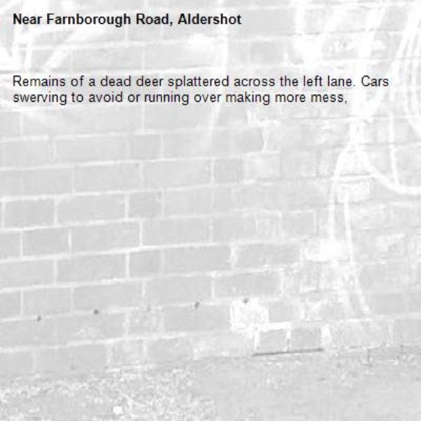 Remains of a dead deer splattered across the left lane. Cars swerving to avoid or running over making more mess, -Farnborough Road, Aldershot