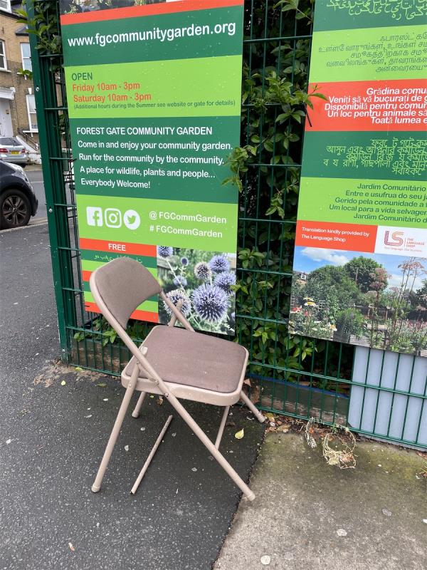 Broken chair - not dumped by Community Garden!-41 Sprowston Road, Forest Gate, London, E7 9AD
