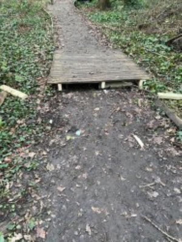 Grove Park Nature reserve.
Seems the decking has been either cut or repositioned potential trip hazard but also a screw is sticking out. This is located in the green chain walk by the railway.. Reported via Fix My Street-Railway Childrens walk