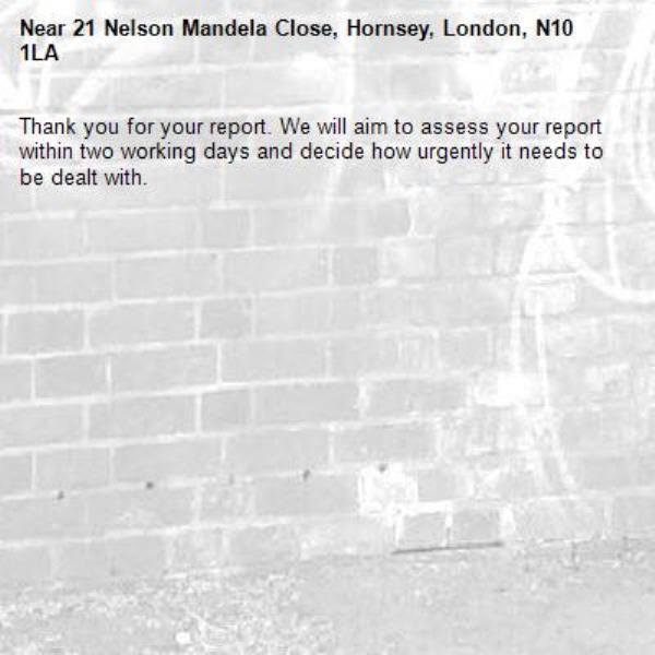 Thank you for your report. We will aim to assess your report within two working days and decide how urgently it needs to be dealt with.-21 Nelson Mandela Close, Hornsey, London, N10 1LA