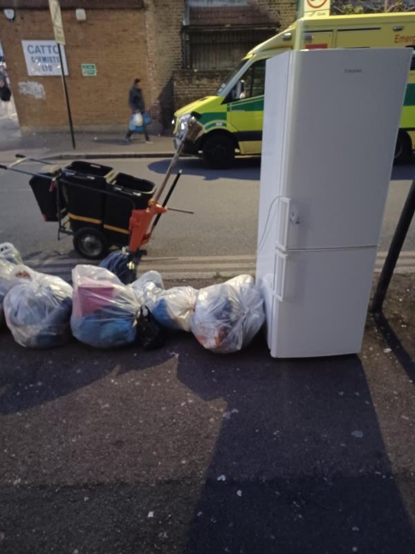 Fridge dump on pavement -374A, High Street North, Manor Park, London, E12 6PH