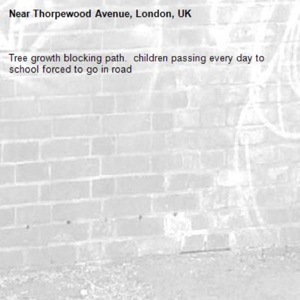 Tree growth blocking path.  children passing every day to school forced to go in road-Thorpewood Avenue, London, UK