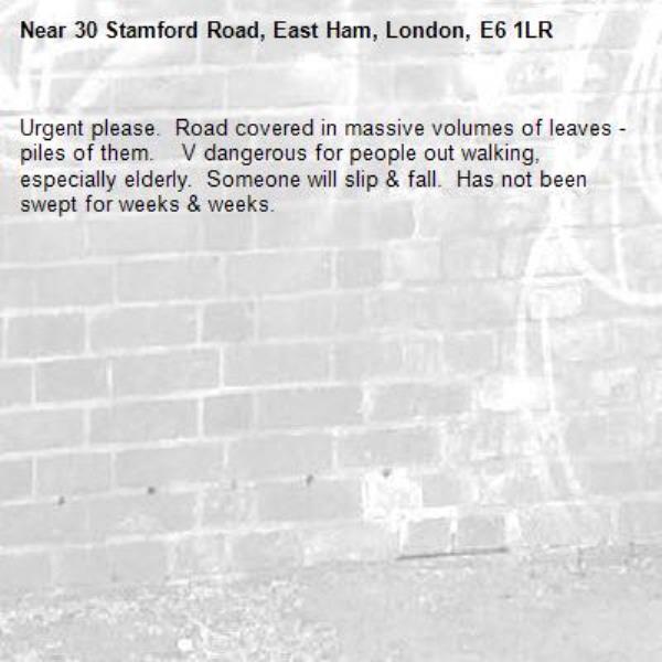 Urgent please.  Road covered in massive volumes of leaves - piles of them.    V dangerous for people out walking, especially elderly.  Someone will slip & fall.  Has not been swept for weeks & weeks.  -30 Stamford Road, East Ham, London, E6 1LR