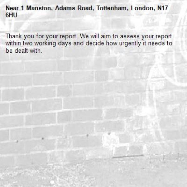 Thank you for your report. We will aim to assess your report within two working days and decide how urgently it needs to be dealt with.-1 Manston, Adams Road, Tottenham, London, N17 6HU
