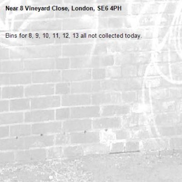 Bins for 8, 9, 10, 11, 12, 13 all not collected today. -8 Vineyard Close, London, SE6 4PH