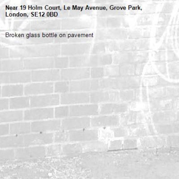 Broken glass bottle on pavement-19 Holm Court, Le May Avenue, Grove Park, London, SE12 0BD