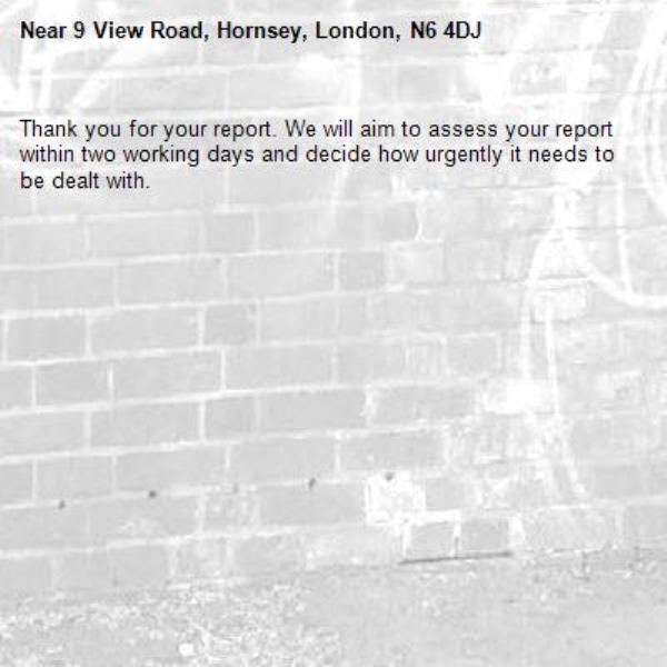Thank you for your report. We will aim to assess your report within two working days and decide how urgently it needs to be dealt with.-9 View Road, Hornsey, London, N6 4DJ