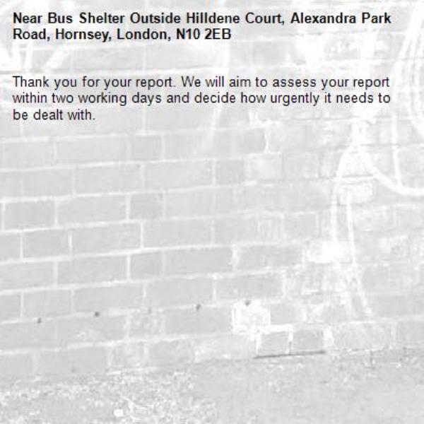 Thank you for your report. We will aim to assess your report within two working days and decide how urgently it needs to be dealt with.-Bus Shelter Outside Hilldene Court, Alexandra Park Road, Hornsey, London, N10 2EB