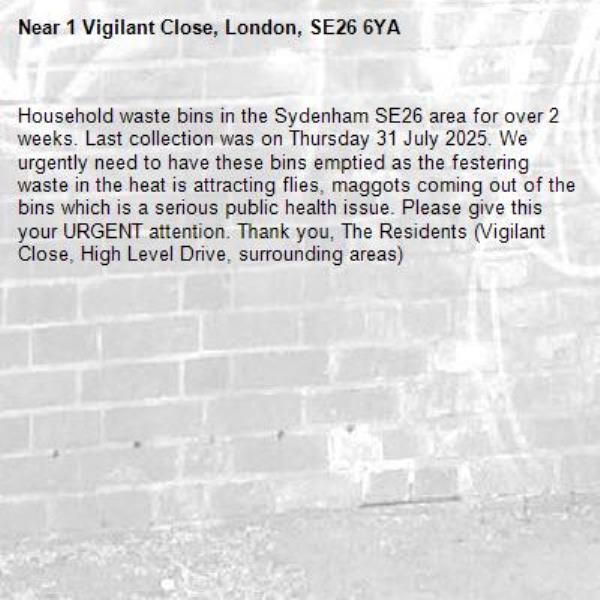 Household waste bins in the Sydenham SE26 area for over 2 weeks. Last collection was on Thursday 31 July 2025. We urgently need to have these bins emptied as the festering waste in the heat is attracting flies, maggots coming out of the bins which is a serious public health issue. Please give this your URGENT attention. Thank you, The Residents (Vigilant Close, High Level Drive, surrounding areas) -1 Vigilant Close, London, SE26 6YA