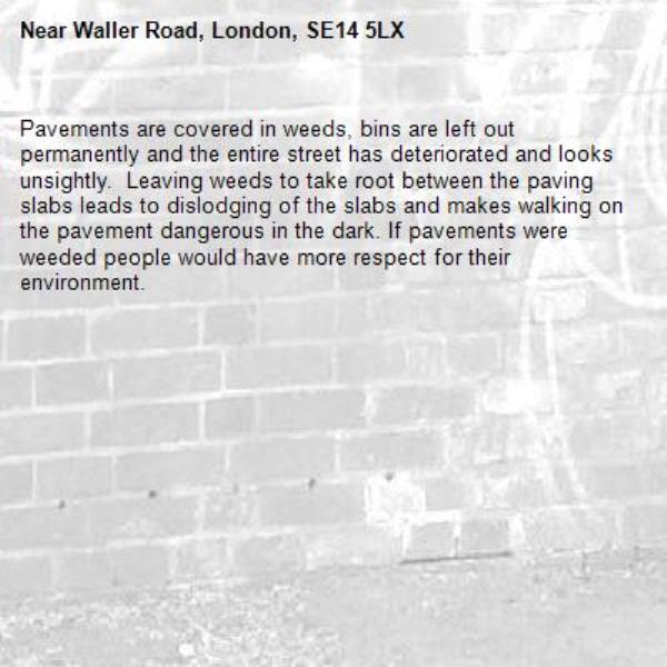 Pavements are covered in weeds, bins are left out permanently and the entire street has deteriorated and looks unsightly.  Leaving weeds to take root between the paving slabs leads to dislodging of the slabs and makes walking on the pavement dangerous in the dark. If pavements were weeded people would have more respect for their environment.-Waller Road, London, SE14 5LX 