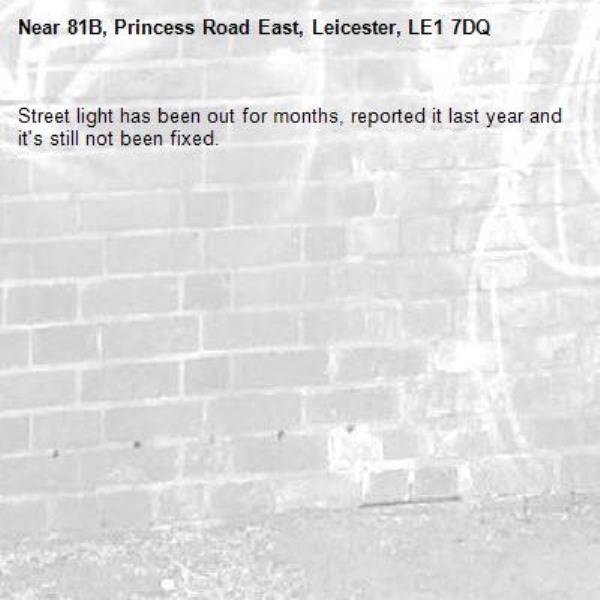 Street light has been out for months, reported it last year and it's still not been fixed.-81B, Princess Road East, Leicester, LE1 7DQ