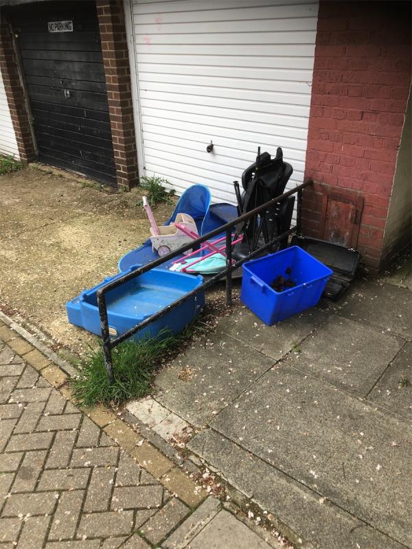 Rear of no 40 Shifford Path. Please clear  flytip from outside garages-35 Shifford Path, London, SE23 2XE