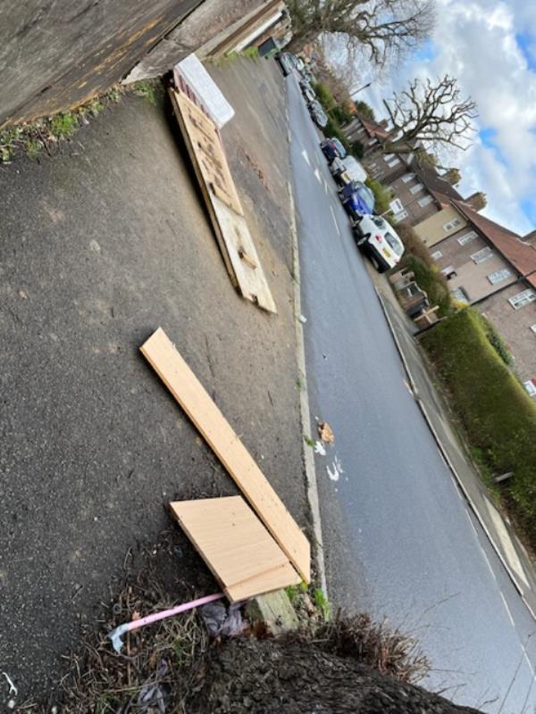 In between house nos 26 and 27 Whitefoot terrace on the opposite pavement by the oak tree planks of wood have been dumped. Please can you arrange for these to be removed. Thank you. -27 Whitefoot terrace, Bromley BR1 5SH