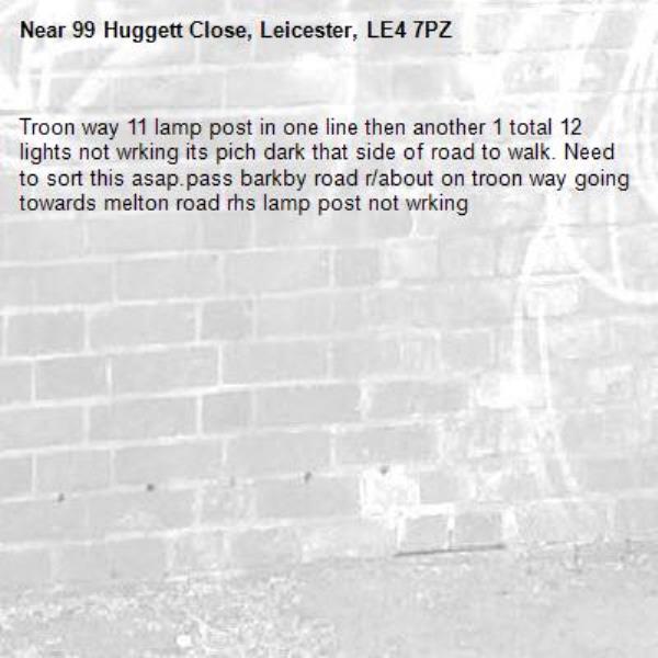 Troon way 11 lamp post in one line then another 1 total 12 lights not wrking its pich dark that side of road to walk. Need to sort this asap.pass barkby road r/about on troon way going towards melton road rhs lamp post not wrking-99 Huggett Close, Leicester, LE4 7PZ