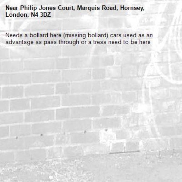 Needs a bollard here (missing bollard) cars used as an advantage as pass through or a tress need to be here-Philip Jones Court, Marquis Road, Hornsey, London, N4 3DZ