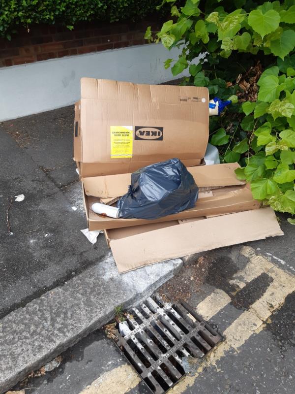 Cardboard boxes and bag's of wastes dumped near 12 Hartley Avenue junction with Winter Avenue E6 -12 Hartley Avenue, East Ham, E6 1NT