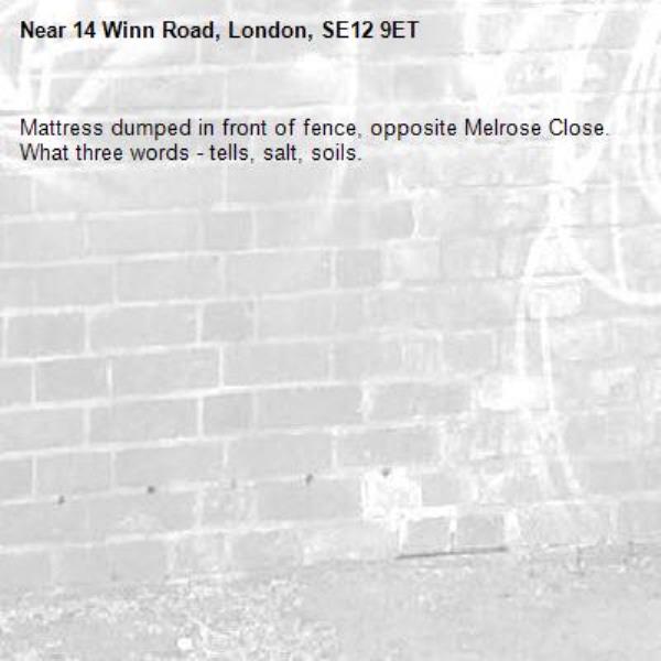 Mattress dumped in front of fence, opposite Melrose Close. What three words - tells, salt, soils.-14 Winn Road, London, SE12 9ET