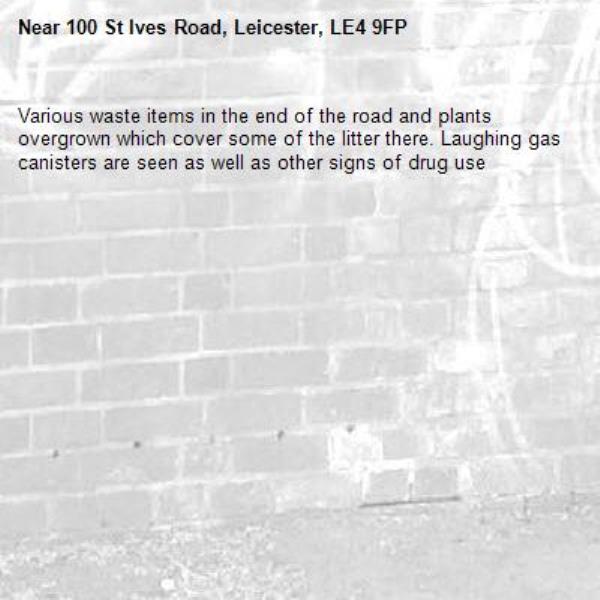 Various waste items in the end of the road and plants overgrown which cover some of the litter there. Laughing gas canisters are seen as well as other signs of drug use-100 St Ives Road, Leicester, LE4 9FP
