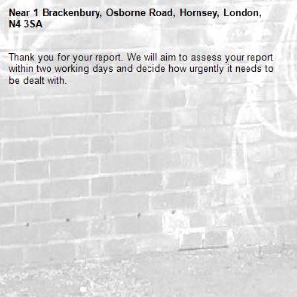 Thank you for your report. We will aim to assess your report within two working days and decide how urgently it needs to be dealt with.-1 Brackenbury, Osborne Road, Hornsey, London, N4 3SA