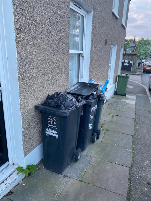 One week until the next collection and all three bins already overflowing and residents are just stacking over flowing bags on top . 11 Vulcan Road-13 Vulcan Road, London, SE4 1DQ