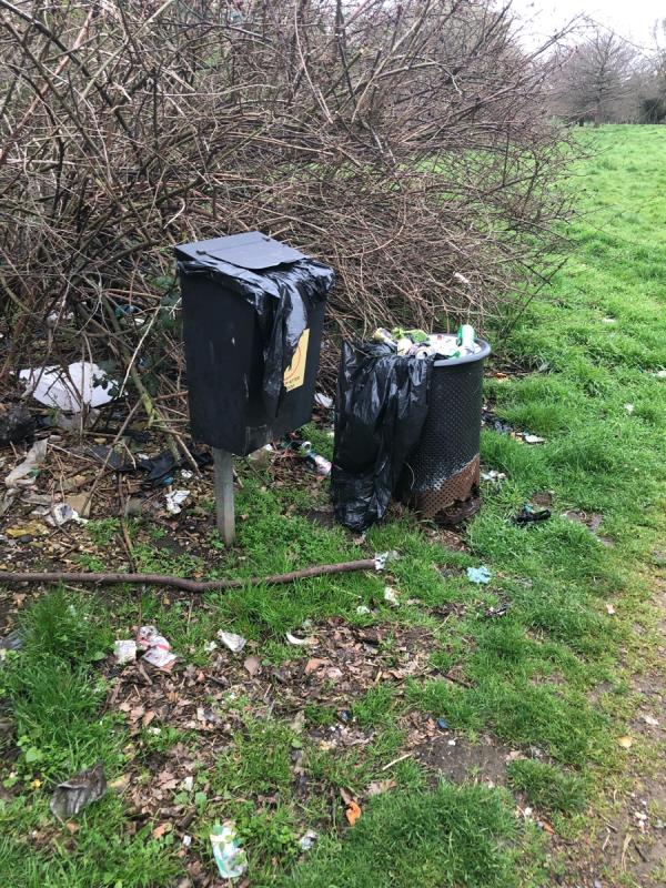 Downham Playing Fields. Litter bin at entrance near no 80 requires emptying -78A, Downham Way, Bromley, BR1 5NX