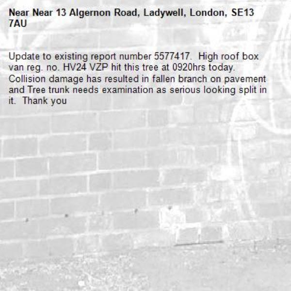 Update to existing report number 5577417.  High roof box van reg. no. HV24 VZP hit this tree at 0920hrs today. Collision damage has resulted in fallen branch on pavement and Tree trunk needs examination as serious looking split in it.  Thank you-Near 13 Algernon Road, Ladywell, London, SE13 7AU
