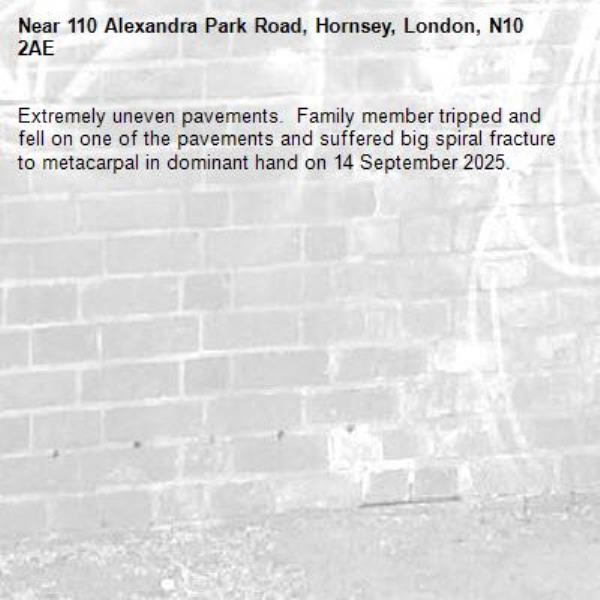 Extremely uneven pavements.  Family member tripped and fell on one of the pavements and suffered big spiral fracture to metacarpal in dominant hand on 14 September 2025.-110 Alexandra Park Road, Hornsey, London, N10 2AE