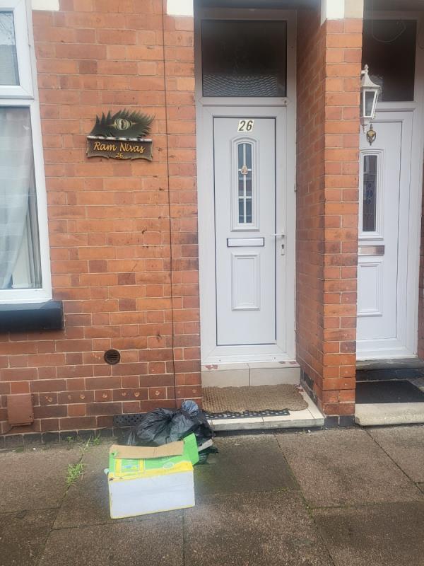 Rubbish for domestic or recycling left on pavement outside house on a weekly basis and have personally spoken to the residents. Falls on deaf ears! Think it's an HMO!-26 Royal Road, Leicester, LE4 5DP