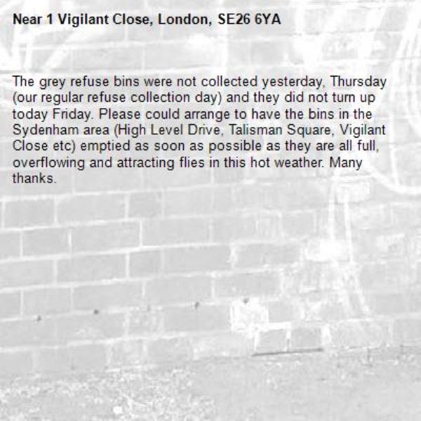 The grey refuse bins were not collected yesterday, Thursday (our regular refuse collection day) and they did not turn up today Friday. Please could arrange to have the bins in the Sydenham area (High Level Drive, Talisman Square, Vigilant Close etc) emptied as soon as possible as they are all full, overflowing and attracting flies in this hot weather. Many thanks. -1 Vigilant Close, London, SE26 6YA