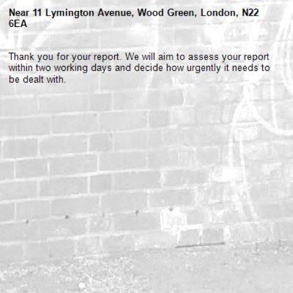 Thank you for your report. We will aim to assess your report within two working days and decide how urgently it needs to be dealt with.-11 Lymington Avenue, Wood Green, London, N22 6EA
