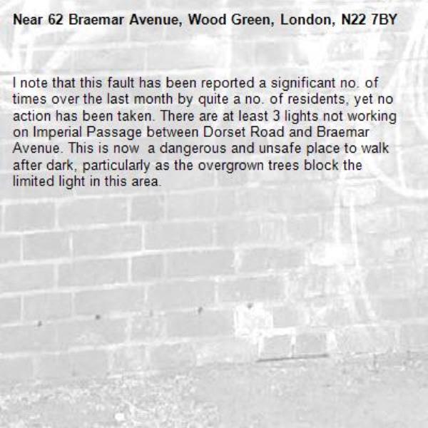 I note that this fault has been reported a significant no. of times over the last month by quite a no. of residents, yet no action has been taken. There are at least 3 lights not working on Imperial Passage between Dorset Road and Braemar Avenue. This is now  a dangerous and unsafe place to walk after dark, particularly as the overgrown trees block the limited light in this area.-62 Braemar Avenue, Wood Green, London, N22 7BY